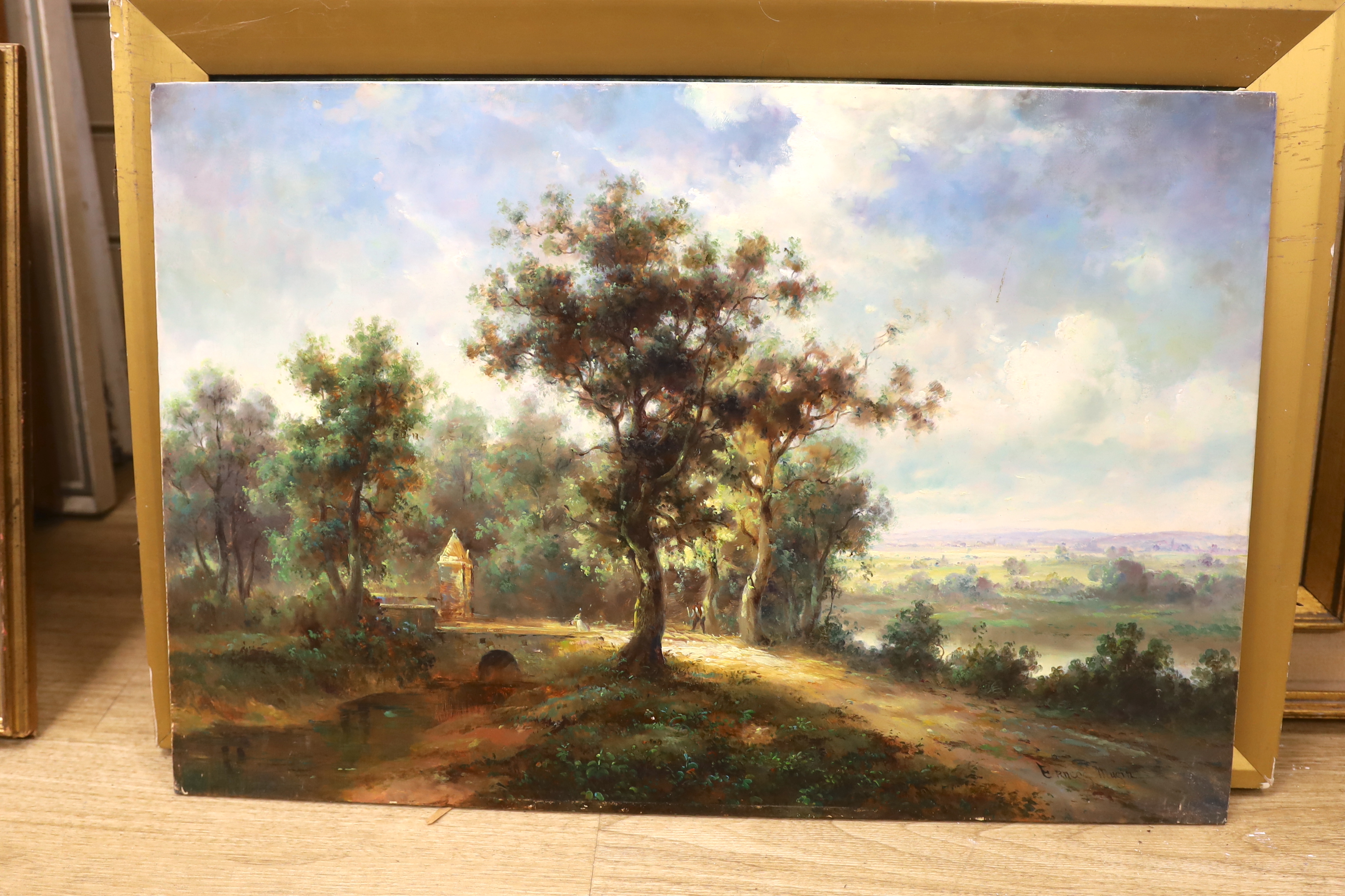 Ernest Mugin, oil on panel, Figures in a landscape, signed, 40 x 60cm, unframed